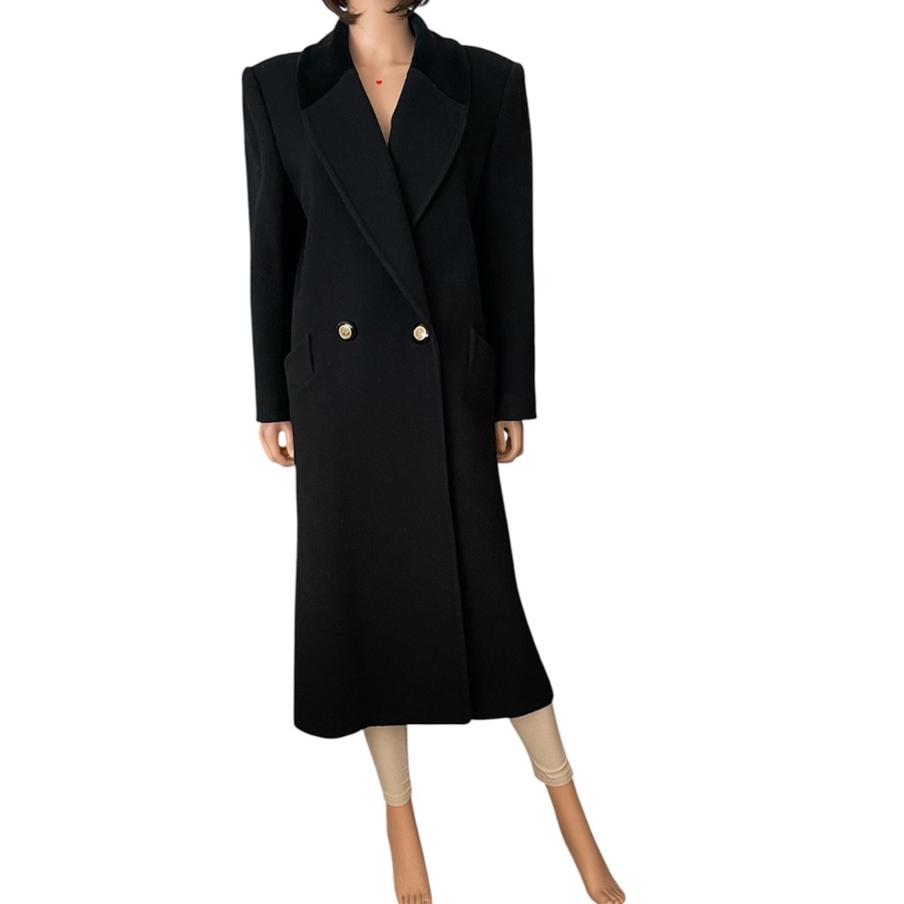 Vintage Jones New York Black 100%Wool Double Breasted Coat Velvet Collar Classic